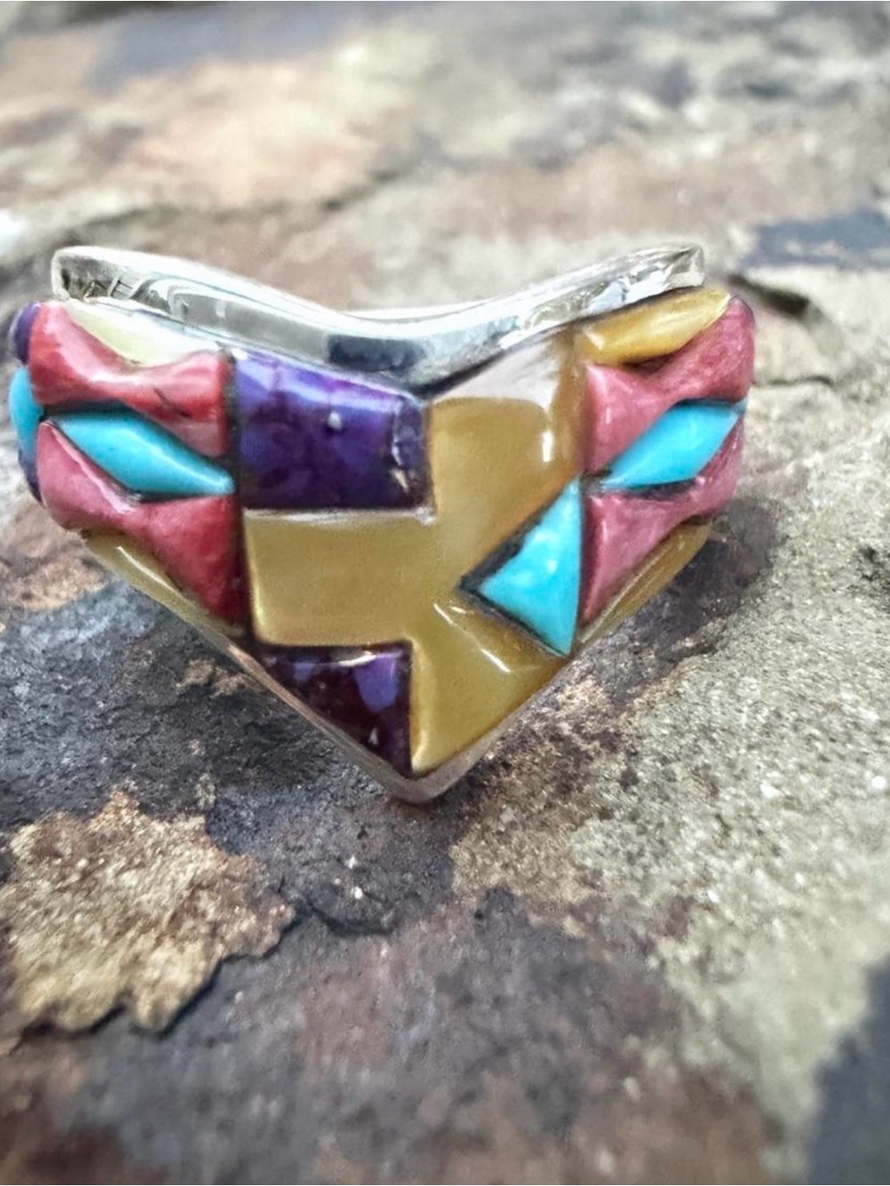 Gorgeous Handcrafted 925 Sterling Multicolor stone Inlay Chevron Statement Ring